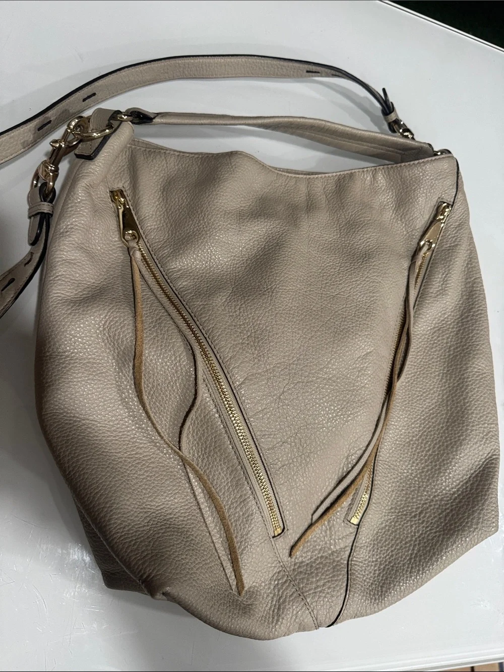 Rebecca Minkoff Beige Leather Hobo with Gold Zippers